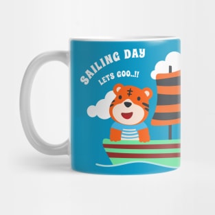 Funny tiger sailor cartoon vector on little boat with cartoon style. Mug